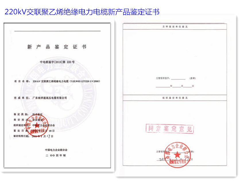 220kV交聯聚乙烯絕緣電力電纜新産品鑒定證書.png